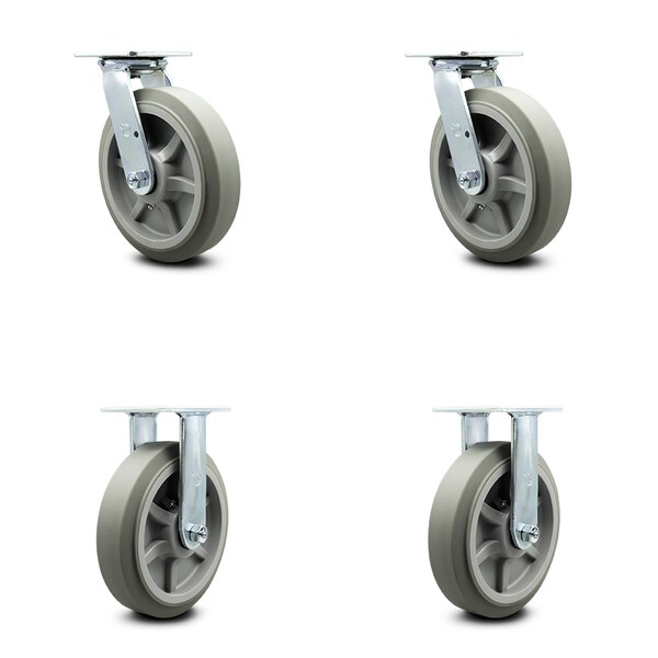 8 Inch Thermoplastic Rubber Caster Set with Roller Bearings 2 Swivel 2 Rigid SCC
